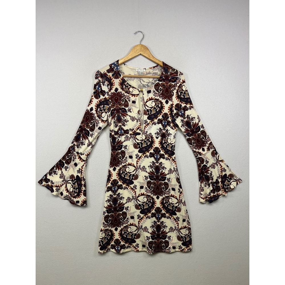 Boho 70s Venus Womens XS Cream Paisley Keyhole‎ Bell Sleeve Mini Dress